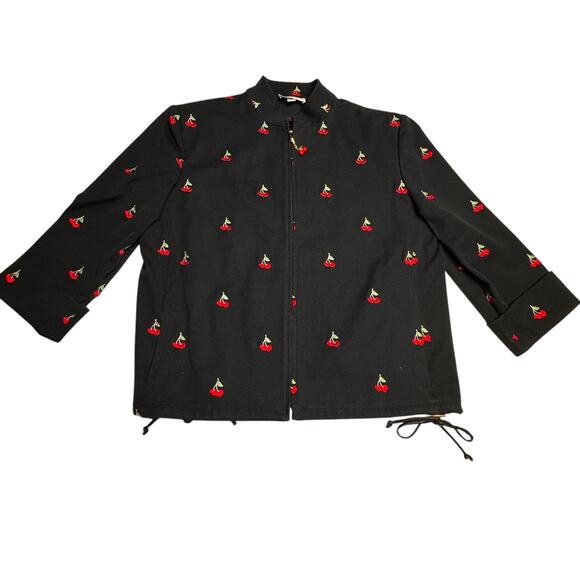 St. John Embroidered Cherry Print Jacket Dark Navy Blue Mandarin Collar - Medium - Picture 1 of 12